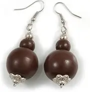 [Avalaya] 6cm LongBrown Double Bead Wood Drop Earrings, One Size, Wood Earring