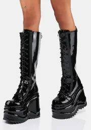 [Demonia] Patent Evil Intentions Wedge Knee High Boots