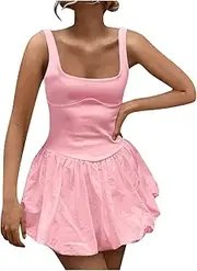 [Generic] Women's Tennis Dress Tank Sleeveless Square Neck Solid Color Puffy Beach Short Dresses Mini Exercise Dress Summer Sun Dress
