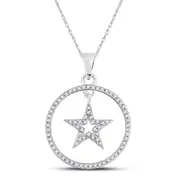 14k White Gold Round Diamond Dangling Star Circle Pendant 1/4 Cttw