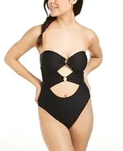 [Hula Honey] Juniors' Ribbed One-Piece Swimsuit Black Size Large