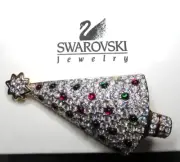 SWAROVSKI Swan Signed Red & Green Crystal Cabochon Christmas Tree Pin In Box!