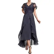 A-Line Mother of the Bride Dress Elegant V Neck Tea Length Chiffon Short Sleeve with Solid Color
