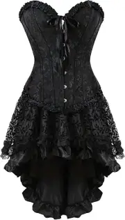 Women's Overbust Sweetheart Lace Up Plastic Bones Corset Bustier Top Black819 L
