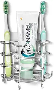 Linkidea Wall Mount Toothbrush Holder for Shower, Stainless Steel Toothpaste Stand, Self Adhesive/Countertop 3 Slots Organizer Compatible with Colgate Extra Clean, Oral-B CrossAction