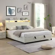 HOMFURN King Size Gas Lift Bed Frame with LED Lights and Charging Station, Modern Upholstery Bed