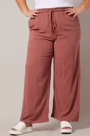 Brown Wideleg Pants Paperbag Elastic Waist Linen Blend