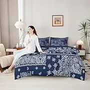 7pcs Boho Paisley Comforter Set Twin Size, Jacquard Paisley Flower Bedding Set, Navy Blue and White Floral Print Bed in A Bag with Comforter, Sheets and Pillowcases, Teens Women Adults Room Decor