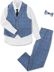 [LOLANTA] 5-Piece Children's Suit Set Boys Festival Tuxedo Pageboy Checked Wedding Birthday Party Suits, Waistcoat Trousers Shirt Bow Tie Formal Clothing Outfits