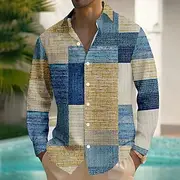 Men's Color Block Patchwork Shirt Button Up Shirt Long Sleeve Fashion Casual Outdoor Daily Streetwear Spring Fall Turndown 3D Print Front One Pocket Linen Like