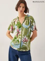 Monsoon Green Piper Floral Linen-Blend Top (W32376) | $113