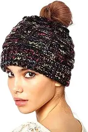 [Taidor] Messy Bun Ponytail Beanie Hat Colored Dots Cable Knit Cap for Women Girls Winter