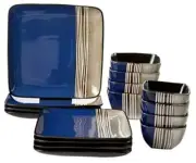 Square Stoneware Loft Collection Dinnerware Dish Set, 16 Piece, Blue and Tan