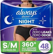 Always Discreet Adult Incontinence Overnight Underwear for Women, S/M, Up to 100% Bladder Leak Protection, 48 Count