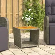 Grey Poly Rattan Tea Table with Solid Wood Acacia Top Outdoor Furniture