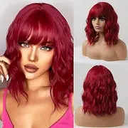 Red Bob Wig with Fringe, Short Curly Women's Lolita Wigs, Synthetic Wig for Women, Daily Life, Anime Cosplay Costume, Party, Halloween, Carnival, 35 cm