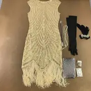 Women's Size Large Gold Sequin Fringe Flapper Dress & Accessory Set 9 Pieces NWT