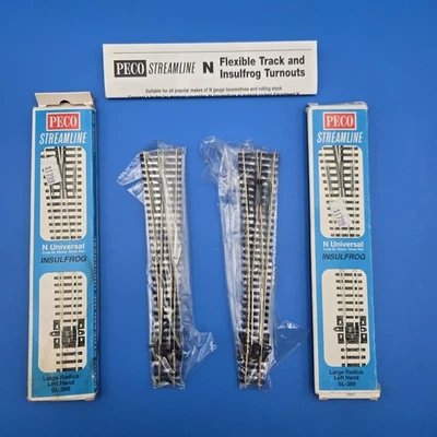 Peco SL-389 N-scale Left Hand Large Radius #8 Insulfrog Turnout - Code 100