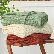 Chunky Cable Knit Throw Blanket Lightweight Light Green 100% Organic Cotton B...