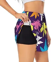 [WURTON] Bright Colorful Weed Pattern Print Exercise Gym Workout Shorts Women's Athletic Shorts Dual-Layered Yoga Running Shorts