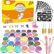 VillTake Glitter Tattoo Set Children, Glitter Tattoos for Girls, 30 Colours, 135 Stencils, 5 Brushes, 2 Glues, Gifts for Girls and Boys, Gifts for Birthday Party, Beautifully Packed