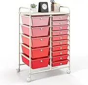 Giantex 15-Drawer Rolling Storage Cart, Mobile Utility Cart w/Colorful Drawers & Metal Frame, Art Craft Organizer w/Lockable Wheels, Drawer Cart for Home, Office (Mixed Pink)