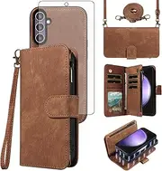 [Asuwish] Phone Case for Samsung Galaxy S23 FE 5G Zipper Wallet Detachable Magnetic Cover with Tempered Glass Screen Protector Crossbody Lanyard Strap Flip Card Holder Slot S 23 EF S23FE 23S Women Brown