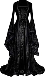 [Hiliby] Black Gothic Dresses for Women Plus Size Dress for Women Retro Style Trumpet Sleeve Solid Color Long Princess Dress Kirishima Cosplay Costume for Girls
