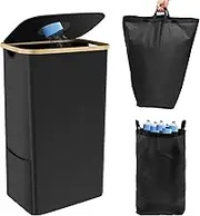 105L Recycling Bin Large Capacity Recycle Bin with Lid Removable Reusable Bag Foldable Collecting Bottle Can Portable Recycling Storage Container Bamboo Handle Recycle Bottle Bin for Kitchen Indoor