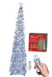 6 FT Pop Up Tinsel Christmas Tree with 100 LED Lights & Remote, Collapsible