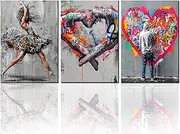 Banksy Street Art Decor Graffiti Dancing Girls Paintings for Bedroom Ramantic Love Pictures Norse Artwork 3 Pieces Canvas Wall Art Home Decor Framed Ready to Hang Poster and Prints(60''W x 28''H