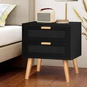 ALFORDSON Boho Bedside Table 2 Rattan Front Drawers, Small Nightstand Cabinet, Wooden Organiser Storage Side Table for Compact Hallway, Bedroom and Living Room, 45 x 40 x 51cm，Black