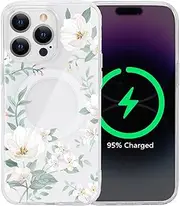 Tcaraersing for iPhone 14 Pro 6.1'' for Magnetic Clear Flower Case, Compatible with MagSafe, Floral Pattern Transparent Shockproof PC Back Soft TPU Slim Thin Cover for Girls Women - Magnolia