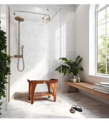 EcoDecors Teak Tranquility Shower Bench With Storage Shelf Natural Teak Wood 24”