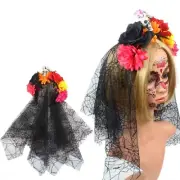 Black Veil Flower Skull Headband Day Of The Dead Headband Gothic Headwear