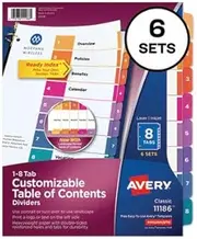 Avery Ready Index Dividers, TOC,1-8 Tab,3HP,8-1/2"x11",6/ST,Multi