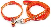 Small Dog Puppy Pet Cat Kitten Collar and Lead Set Pawprint Design Nylon Adjustable with Bell Leash (Orange, One Size)