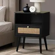 Oikiture Black Bedside Tbale with Open Shelf and Rattan Drawer Side Table