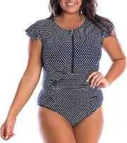 [Capriosca Swimwear] Women's Frill Sleeve Zip Up One Piece Swimwear Ladies Swimsuit