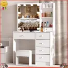 Vanity Makeup Desk Dressing Table Set with 6 Drawers and stool and LED Mirror