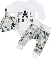 [AXKLBU] Newborn Baby Boy Clothes New to The Crew Letter Print Romper+ Pants+Hat 3PCS Outfit