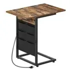 Foldable C Shaped End Table with Charging Station, C Shaped Side Table for