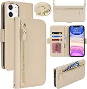 for iPhone 11 Wallet Case for Women,Zipper Pocket,PU Leather Phone Case Stand flip Cover Crossbody Lanyard Strap Zipper Credit Card Holder Slots for Apple 11,Beige
