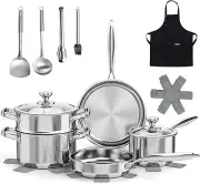 Pots and Pans Sets, 16-Piece Stainless Steel Cookware Set with Steamer, Non-Toxi