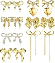 [Thunaraz] Bow Clip on Earrings for Women Girls 14K Gold Plated Statement Earrings Clips Non Piercing Ribbon Long Dangle Drop Tassel Clip-on Earrings Sparkly Jewelry Gift Set