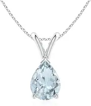 [Angara] Natural V-Bale Pear-Shaped Aquamarine Solitaire Pendant Necklace in Sterling Silver/14ct Solid Gold for Women | March Birthstone Jewellery for Her