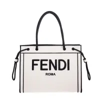 在飛比找Yahoo奇摩購物中心優惠-FENDI 新款米白刺繡FENDI標誌帆布ROMA手提/肩背