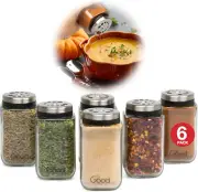 Adjustable Glass Spice Jars (Set of 6) with 6 Pouring Sizes- Stainless Steel