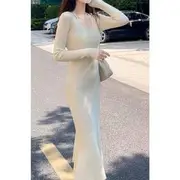 Long-Sleeve V-Neck Plain Knit Midi Sheath Dress Almond - M