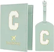 [uxcell] Passport Holder for Travel, Initial Passport Cover and Luggage Tag Set with Alphabet Chenille Letter Patch Travel Wallet Bag Suitcase Identifier for Women Family Travel Green C